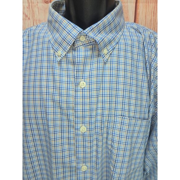 Peter Millar Mens Button-Down Shirt XXL Cotton Blend Blue-Tan Plaid - Picture 3 of 7